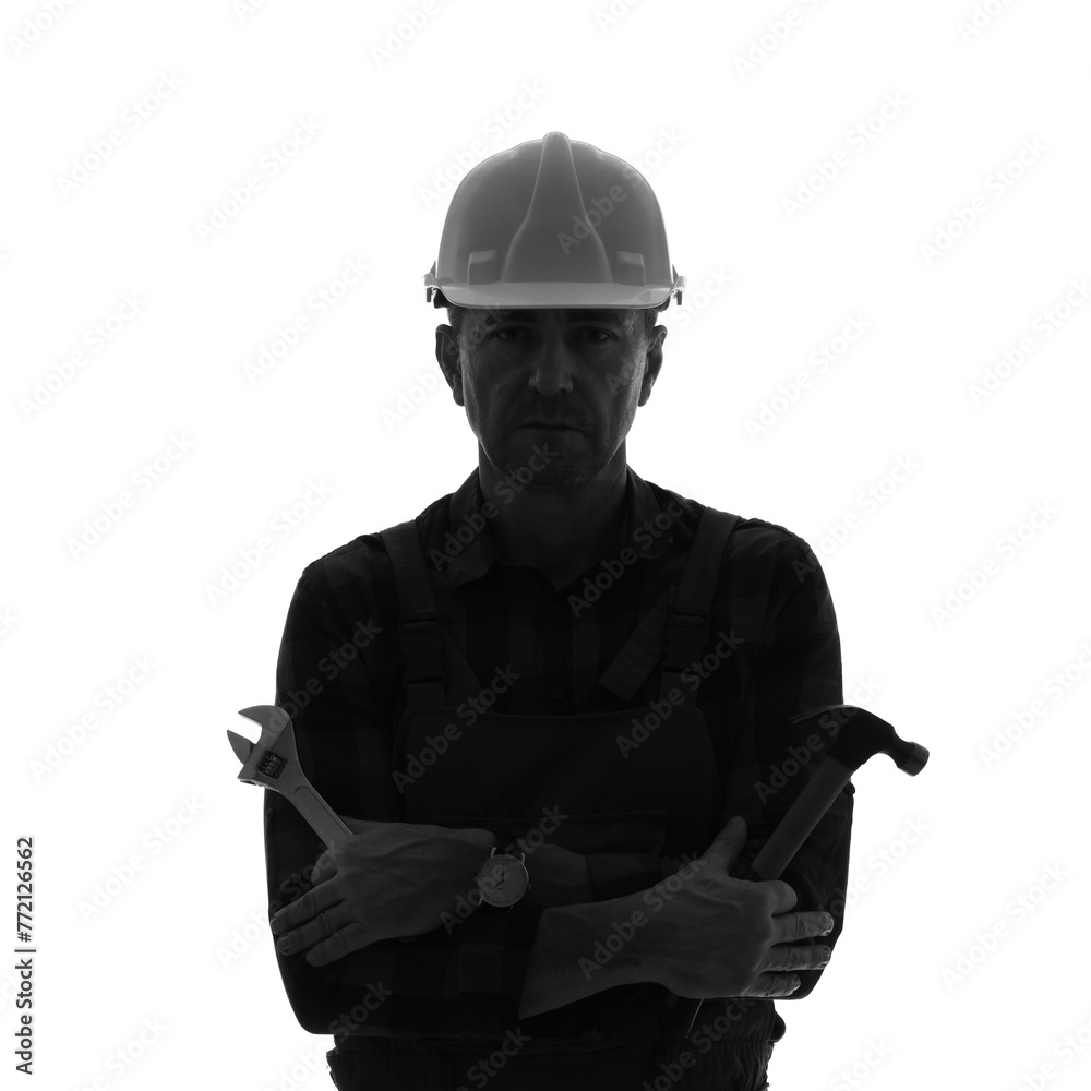 Silhouette of male worker with hammer and wrench on white background Silhouette of male worker with hammer and wrench on white background