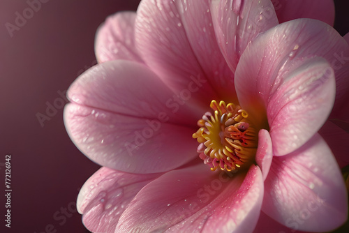 A pink flower shines in the morning dew