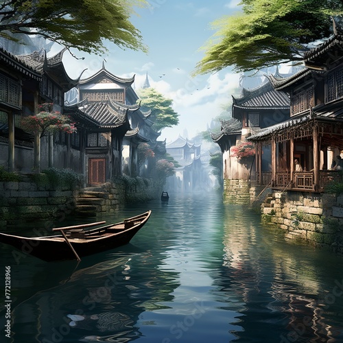 illustration of Beautiful Wuzhen of China culture landscape masterpiece, Generative ai photo
