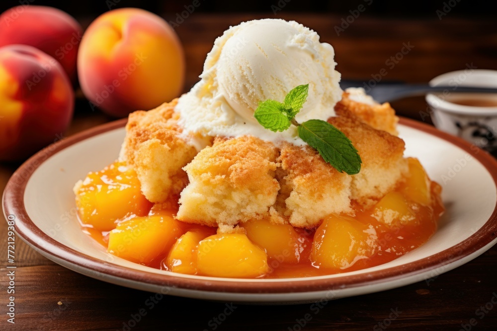 Sweet Peach cobbler plate. Sugar snack. Generate Ai