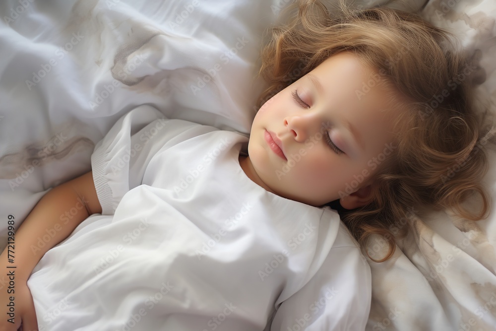 A calm, Caucasian girl of preschool age, covered with a fresh white blanket, lies in bed on a comfortable mattress in the bedroom and sleeps sweetly. Healthy sleep, good night, concept A calm, Caucasian girl of preschool age, covered with a fresh white blanket, lies in bed on a comfortable mattress in the bedroom and sleeps sweetly. Healthy sleep, good night, concept