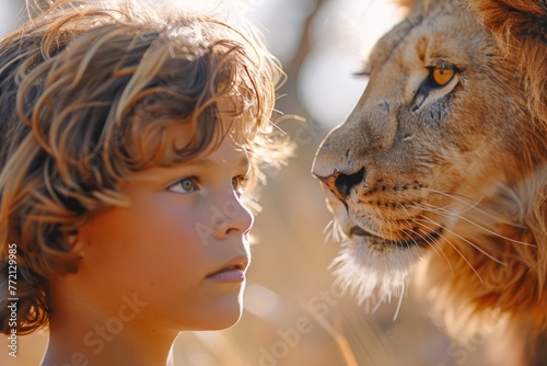 Courageous Young Boy Gazing Intently Into the Eyes of a Majestic Lion in a Natural Setting  a Moment of Connection Between Human and Wild Animal