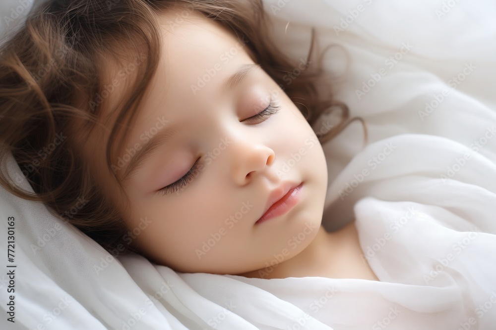 A calm, Caucasian girl of preschool age, covered with a fresh white blanket, lies in bed on a comfortable mattress in the bedroom and sleeps sweetly. Healthy sleep, good night, concept A calm, Caucasian girl of preschool age, covered with a fresh white blanket, lies in bed on a comfortable mattress in the bedroom and sleeps sweetly. Healthy sleep, good night, concept