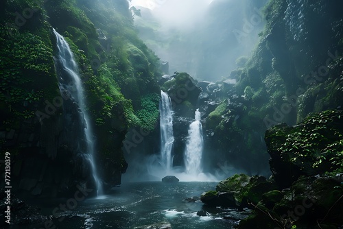 A cascading waterfall plunging into a deep mountain pool  surrounded by moss-covered rocks and lush vegetation.
