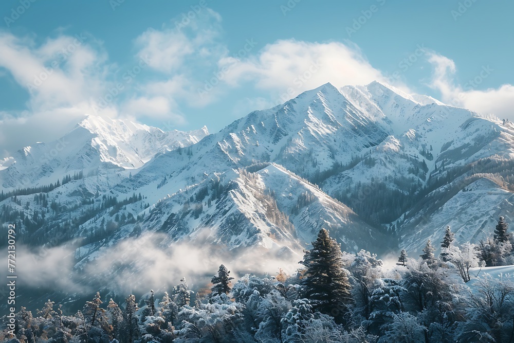 A mountain range dusted with a fresh layer of snow, glistening in the sunlight like a field of diamonds.