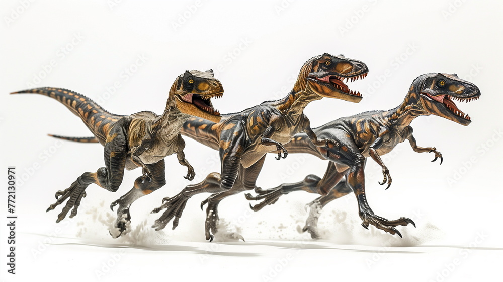 lifelike model of Velociraptors are running with a white background lifelike model of Velociraptors are running with a white background
