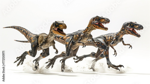 lifelike model of Velociraptors are running with a white background 