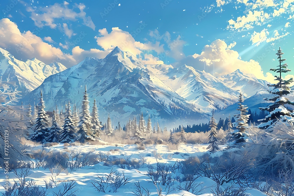 A mountain range dusted with a fresh layer of snow, glistening in the sunlight like a field of diamonds.