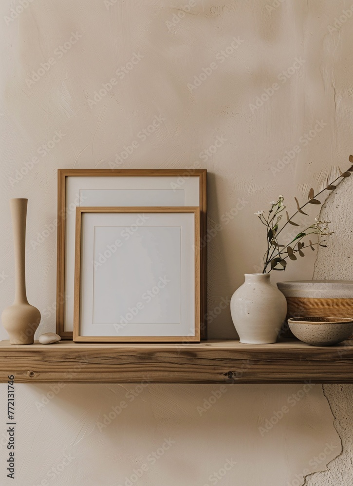 Freshly Painted Wall with White Frame and Wooden Shelf Generative AI Freshly Painted Wall with White Frame and Wooden Shelf Generative AI