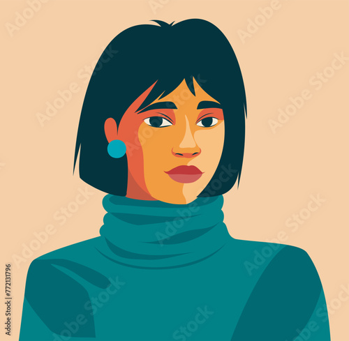 Vector avatar portrait of a cute girl with a bob hairstyle for applications, social networks