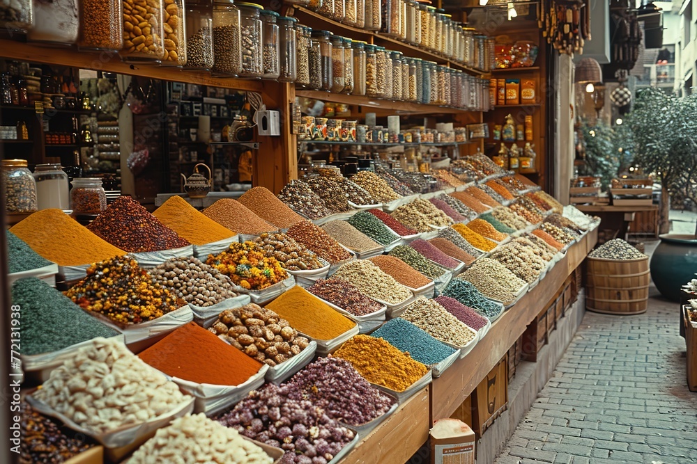 A bustling market with stalls selling exotic spices, teas, and herbs