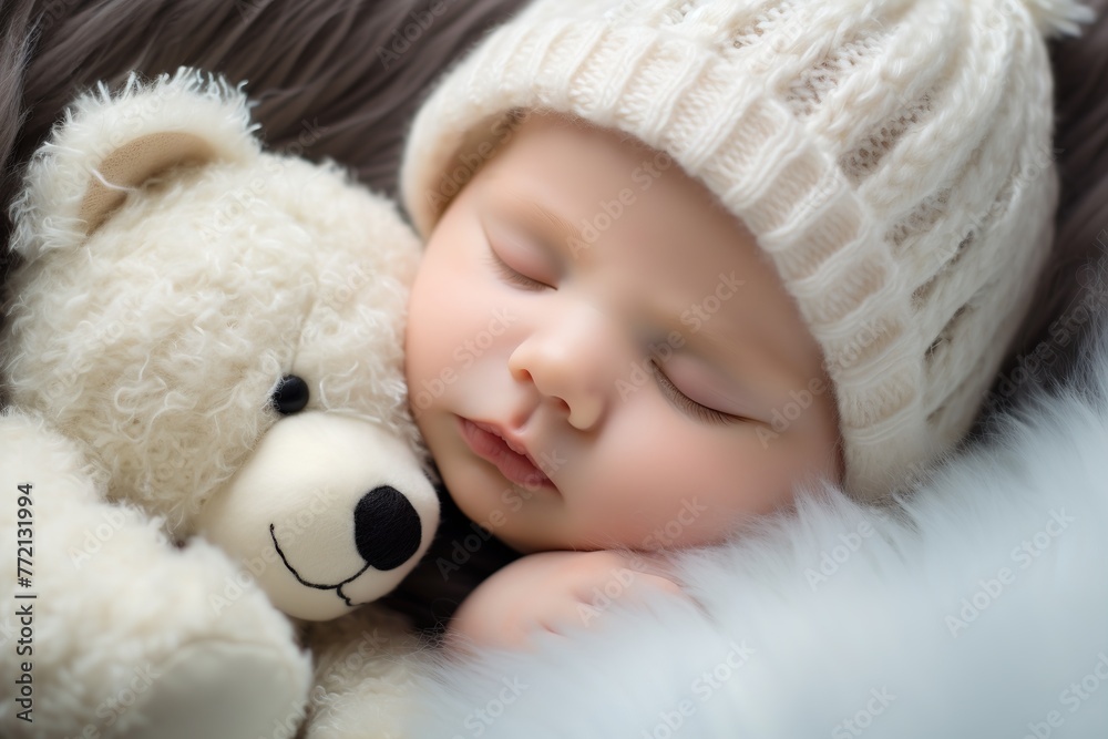 Portrait of a cute newborn baby in a white cap, similar to a teddy bear's cap, taken close, sleeping in an embrace with a white teddy bear.