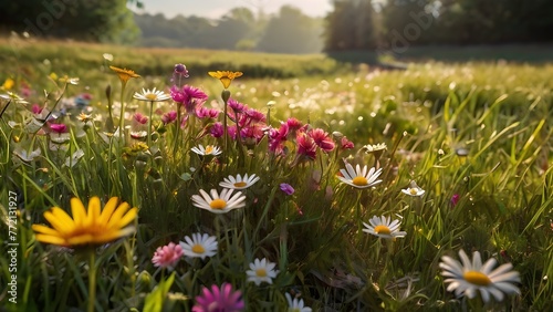 Colorful Blooming Flowers: A Stunning Daisy Field on a Sunny Day with White and Yellow Blossoms, Meadow Flowers and Daisies Adorning the Grass, Creating a Serene Natural Panorama of Summer