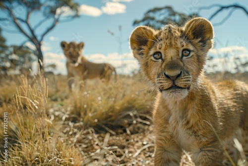 Majestic Lion Cubs Exploring the Savanna Under Golden Sunlight with Trees in Background  Wildlife Photography