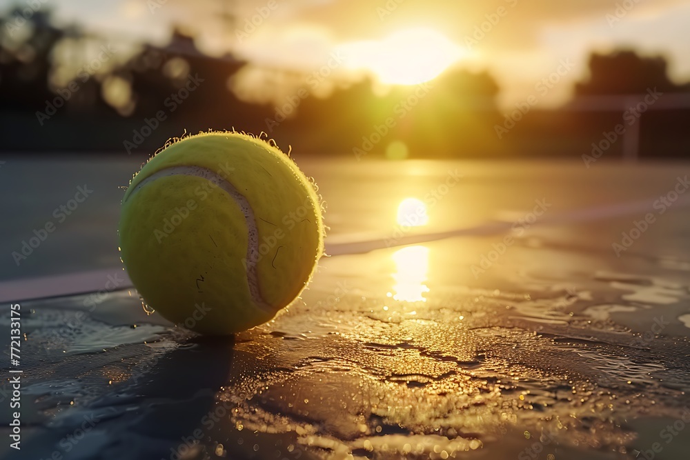 Closeup of tennis ball on empty court. Sunset, sun rays. Concept of a sporty lifestyle. Generative AI. AI generated .