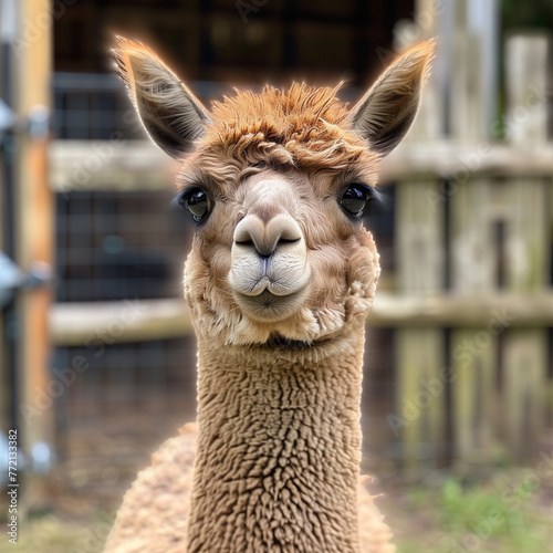 Close-up portrait of a friendly alpaca in a farm setting. photo