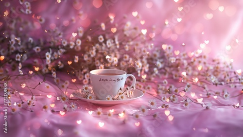 Edle antike Kaffeetasse romantisch mit Herzen und Blumen als Hintergrund im Lichter Bokeh zum Muttertag und Valentinstag, ai generativ