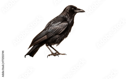 A black bird standing calmly on a stark white surface