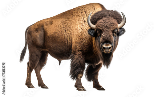 A large bison standing confidently on a blank white background