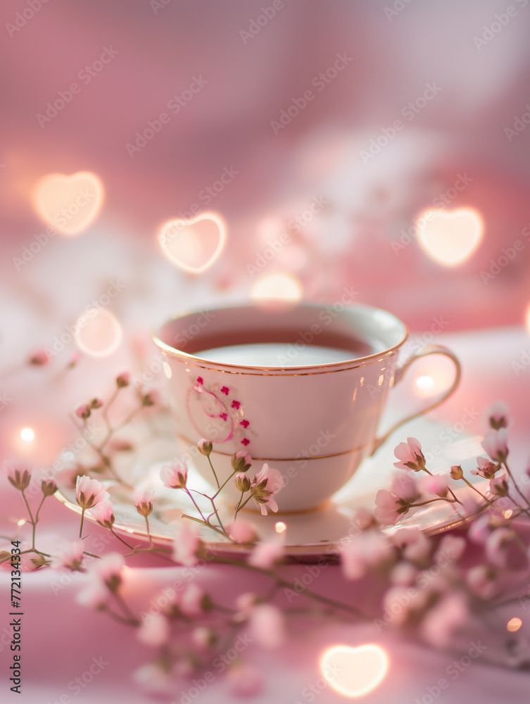 Edle antike Kaffeetasse romantisch mit Herzen und Blumen als Hintergrund im Lichter Bokeh zum Muttertag und Valentinstag