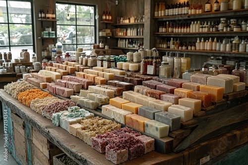 Artisanal Soap Boutique A boutique specializing in artisanal soaps, showcasing a variety of scents and designs © Create image