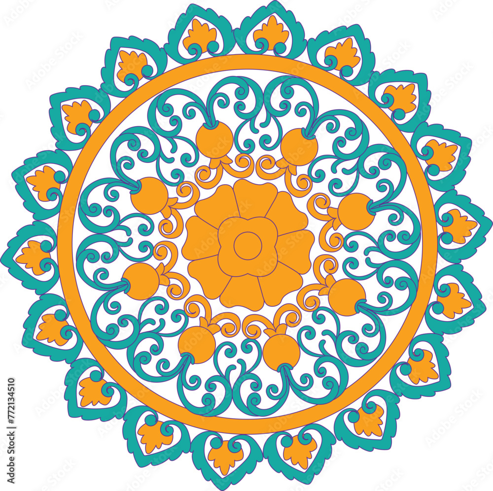 a design mandala in yellow and blue with orange and green colors.
