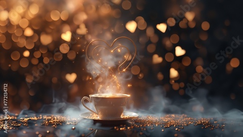 Edle antike Kaffeetasse romantisch mit Herzen in gold als Hintergrund im Lichter Bokeh zum Muttertag und Valentinsta