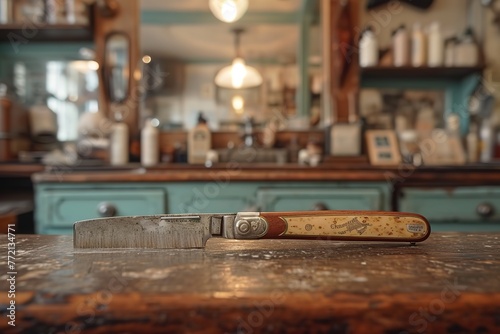 Barbershop Vintage Straight Razor A classic straight razor used for grooming in a vintage-style barbershop