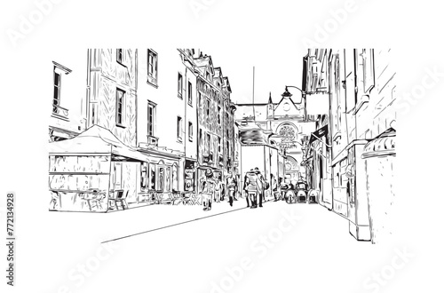 Print Building view with landmark of Rennes is the City in France. Hand drawn sketch illustration in vector.