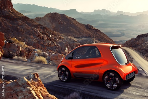 Small and simple modern electricity orange car, which is passing through a winding and challenging plateau. . © crescent