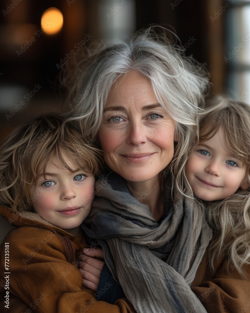 Portrait of grandmother with her granddaughters . Different generations spend time together. real values, family traditions. Portrait of grandmother with her granddaughters . Different generations spend time together. real values, family traditions.
