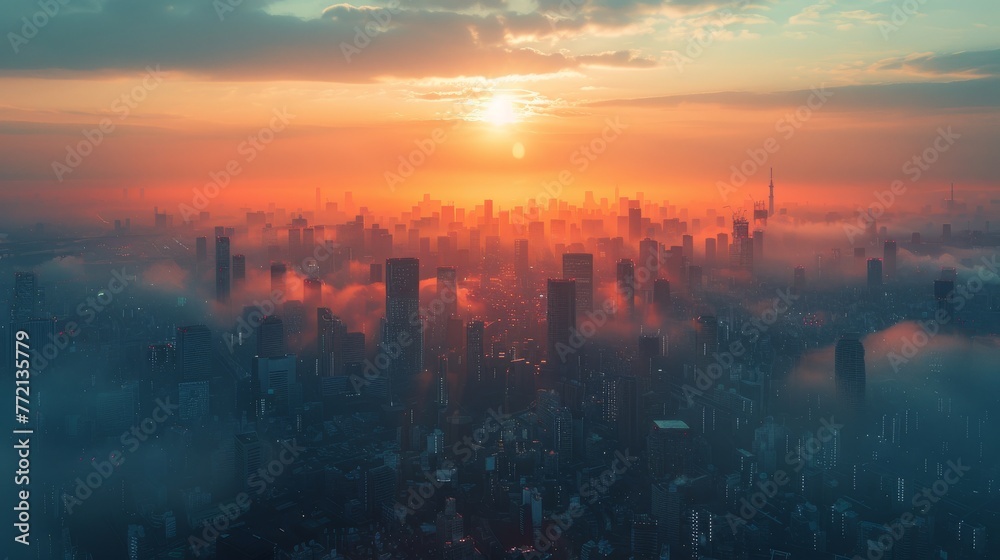 Impactful double exposure visualization of cityscapes overlaid with haze and smog, illustrating the detrimental effects of pollution on our environment and climate.