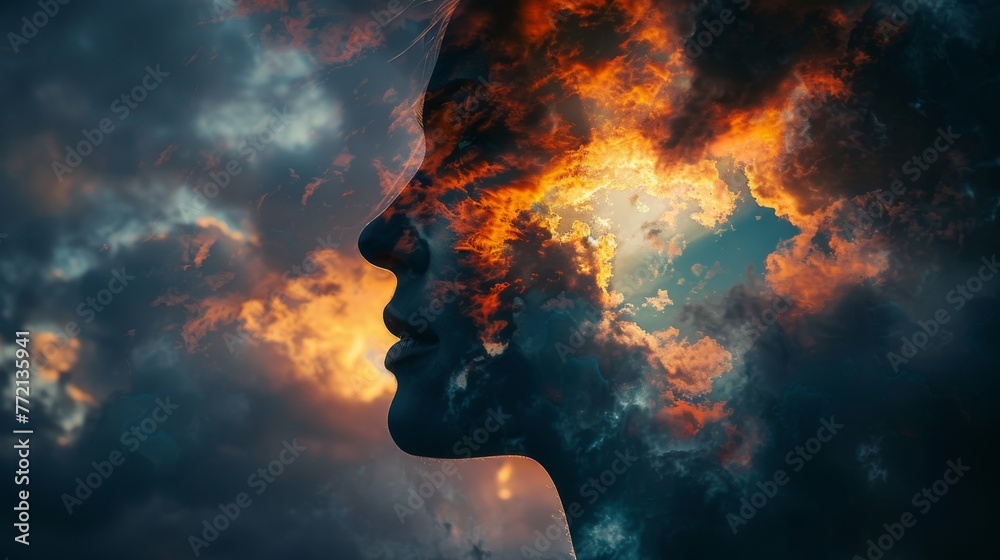 Evocative double exposure artwork merging heaven and hell in a surreal and enigmatic portrayal, ideal for conveying complex emotions and themes.