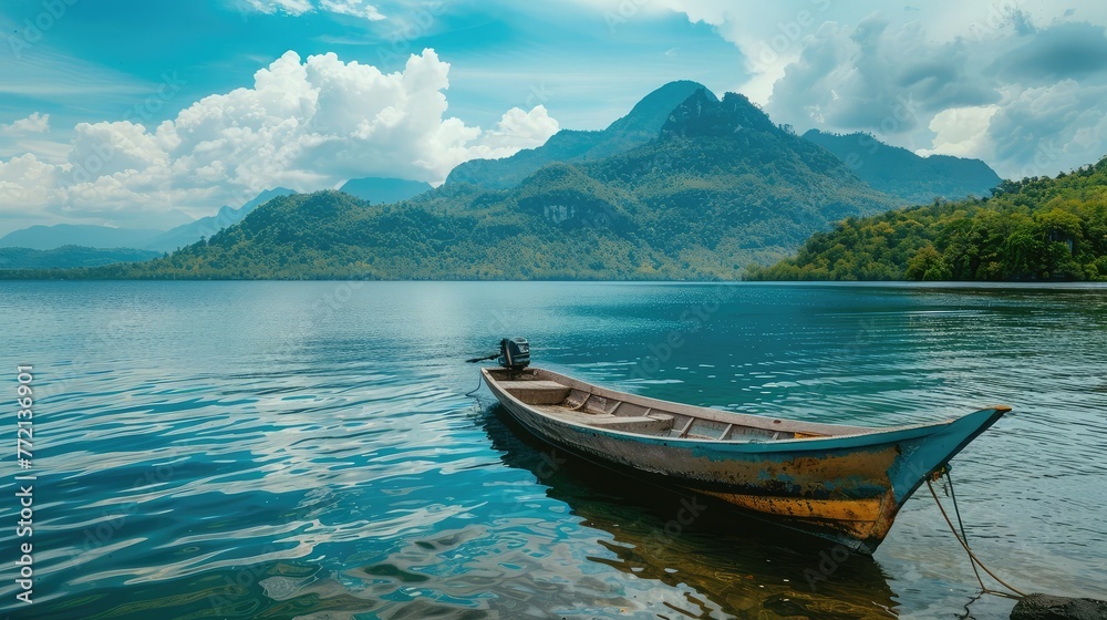 A small fishing boat anchored at a serene bay with a picturesque mountain backdrop.