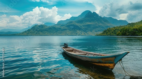 A small fishing boat anchored at a serene bay with a picturesque mountain backdrop.