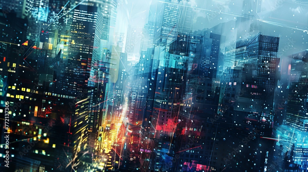 Fototapeta premium Vibrant Urban Skyline: Abstract Modern City Background with Dynamic Lines and Colors