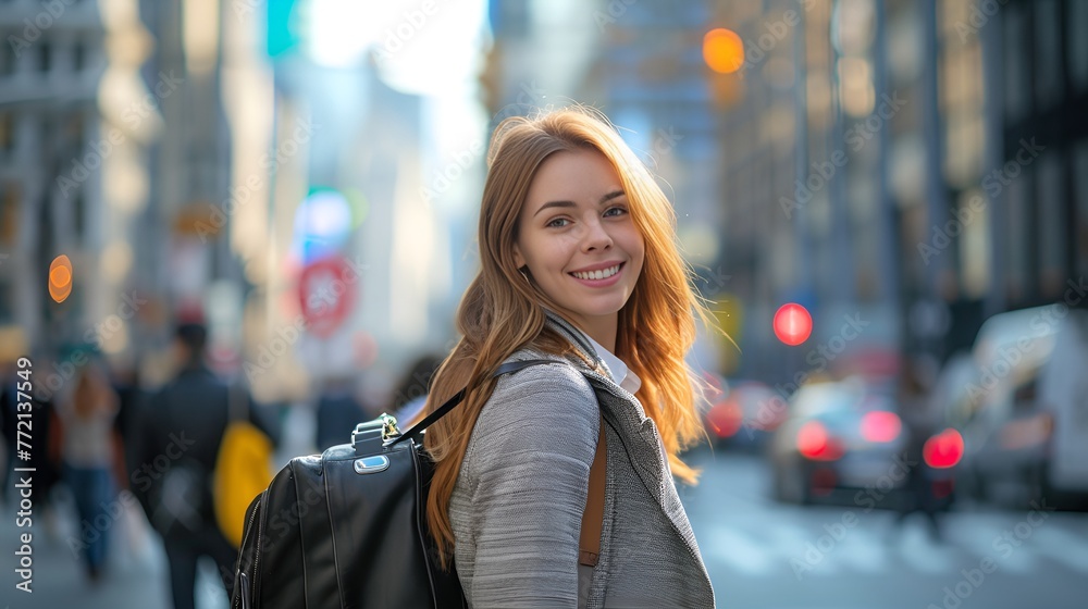 Cheerful Woman with Briefcase in Blurred Financial District, Blurred, financial district, woman