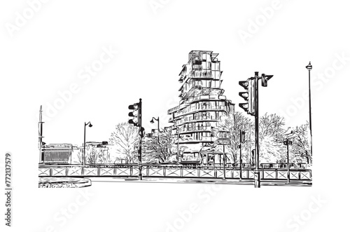 Print Building view with landmark of Rennes is the City in France. Hand drawn sketch illustration in vector.