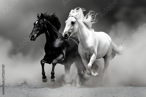 Black and white horses run in desert dust .