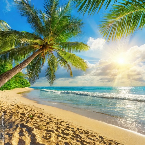 Tropical Bliss: Summer Landscape with Golden Sand Beach, Palm Trees, and Sunlight Rays" © Albaloshi