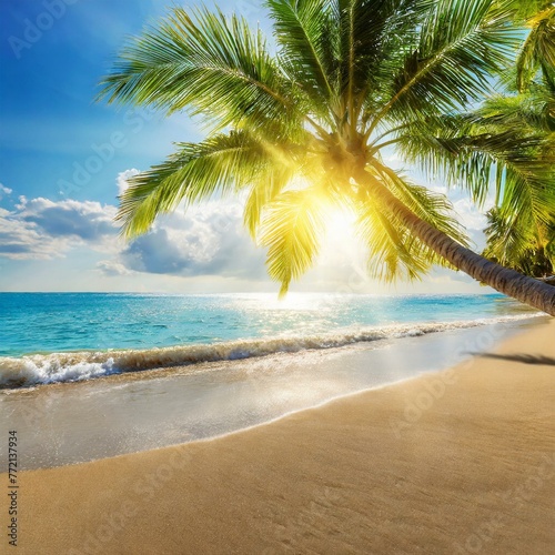 Tropical Bliss: Summer Landscape with Golden Sand Beach, Palm Trees, and Sunlight Rays"