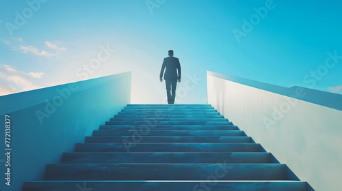Businessman Ascending High Stairs: Career Success, Future Planning, Business Competitions