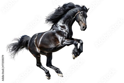 Black Andalusian horse rearing. Isolated on white background. Black Andalusian horse rearing on white background. .