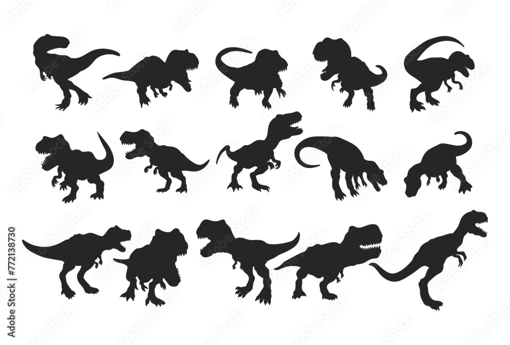 Dinosaur and Jurassic dino monster icons. Vector silhouettes  T-rex
