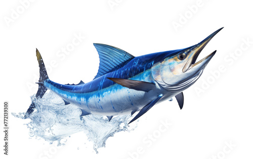 A blue marlin leaps gracefully out of the water against a vivid backdrop