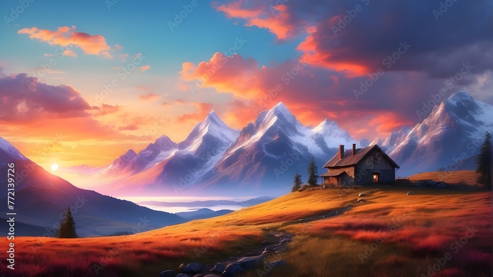scenery featuring mountains. In the highlands is a lonely home. vivid sunset. scenery including a forest and mountains.