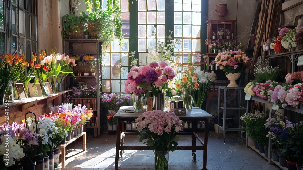 Inviting Workspace adorned with Vibrant Fresh Flowers - Floral Shop Business Concept