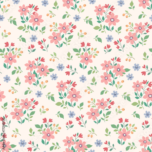 Seamless floral pattern, liberty ditsy print, abstract nature ornament in pretty folk motif. Cute botanical design: small hand drawn flowers, tiny leaves in pastel spring colors. Vector illustration.