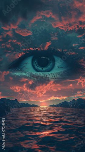 Subconscious vision, eyes in sky, dusk, surreal colors, wide angle, deep perspective photo