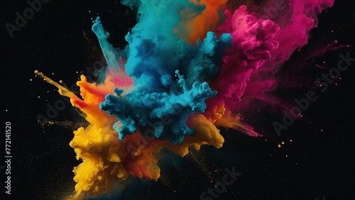 Colorful abstract background with burst of multicolor paint. Vibrant Holi festival of colors celebration header design concept. Atristic wallpaper with clouds of colored smoke.